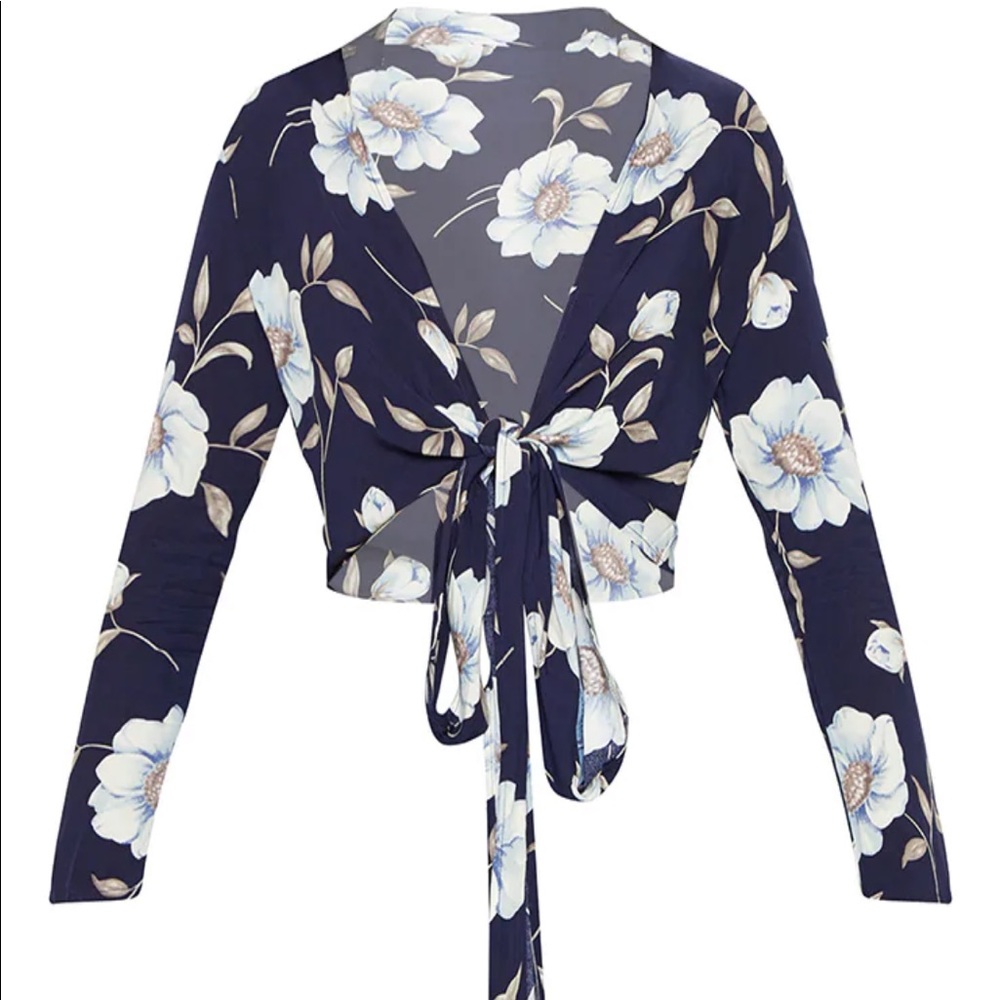 Navy Floral Print Tie Front Crop Top